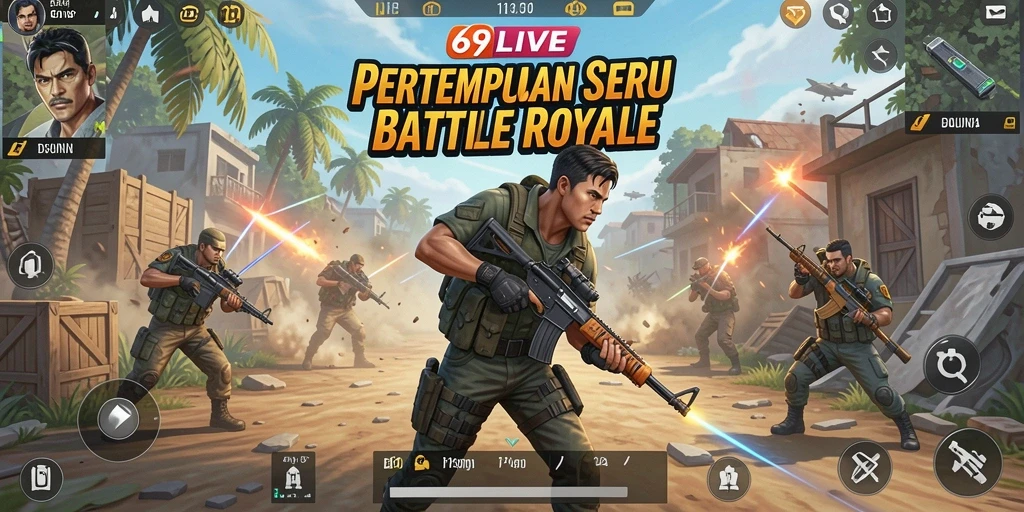 Screenshot 69LIVE menampilkan aksi epik dalam pertempuran Battle Royale.