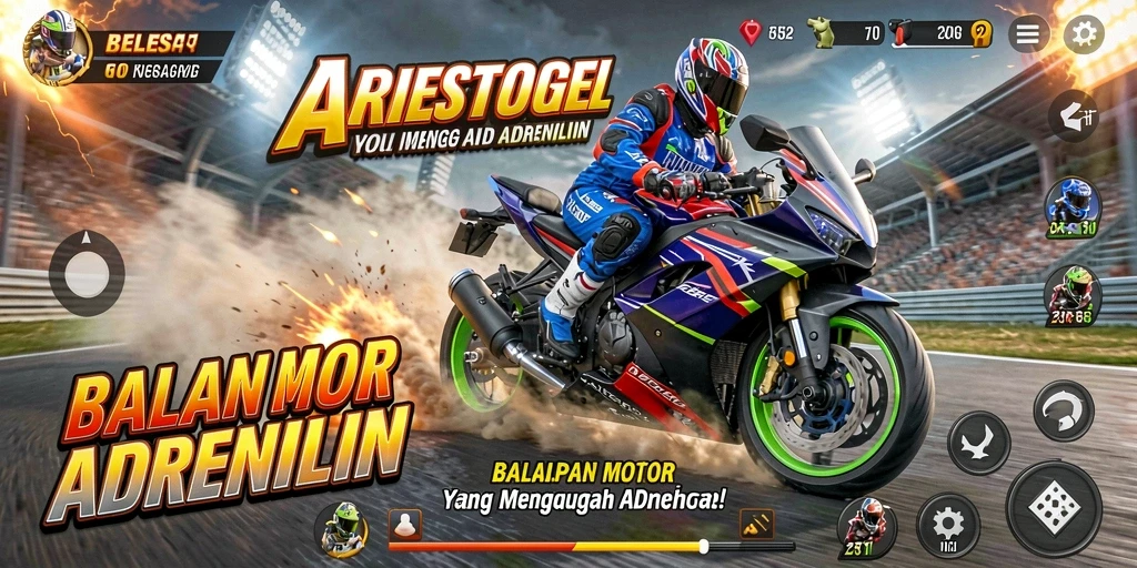 Tampilan utama ARIESTOGEL dengan aksi balapan motor yang mendebarkan.