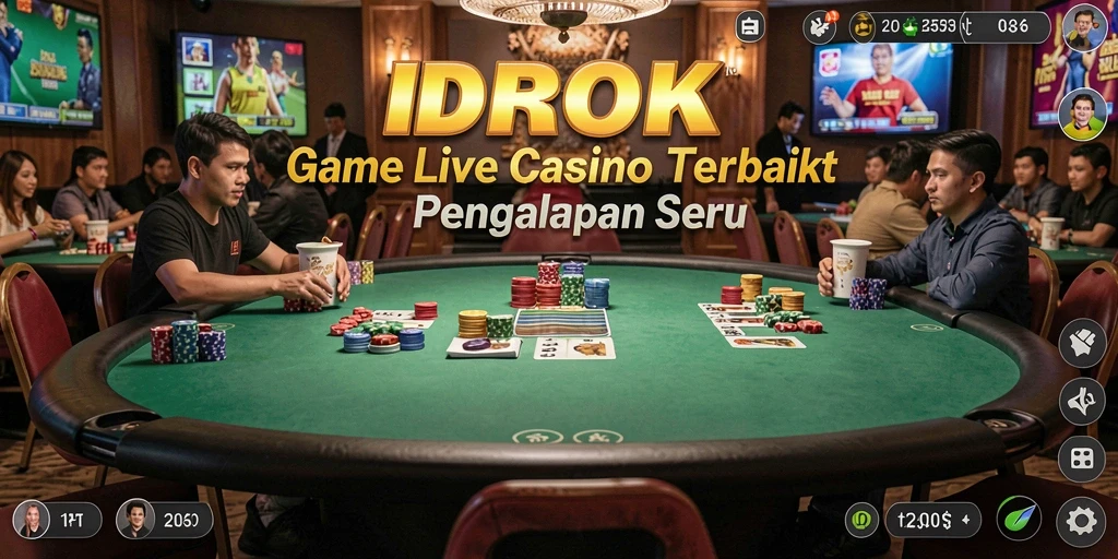 Screenshot gameplay IDROK menampilkan dealer langsung dan suasana casino yang nyata.
