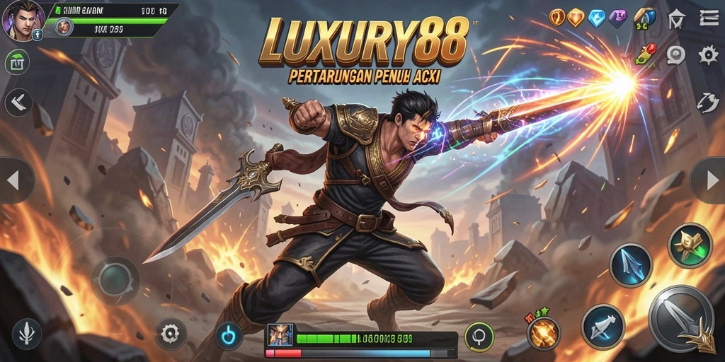 Screenshot gameplay LUXURY88 menunjukkan aksi bertarung yang intens dan grafik yang menawan.