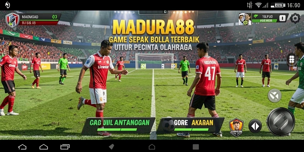 Screenshot gameplay <strong>MADURA88</strong> menampilkan aksi seru di lapangan sepak bola.