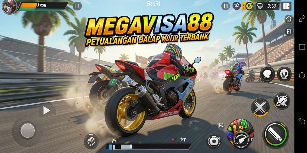 Tampilan gameplay MEGAVISA88 yang mendebarkan dalam balapan motor.