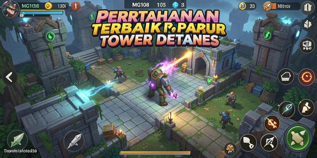 Screenshot gameplay MG108 menampilkan pertarungan mendebarkan Tower Defense.