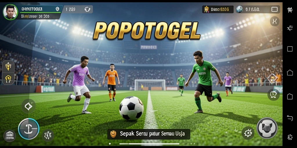 Screenshot utama dari gameplay <strong>POPOTOGEL</strong> yang menunjukkan aksi seru di lapangan sepak bola.