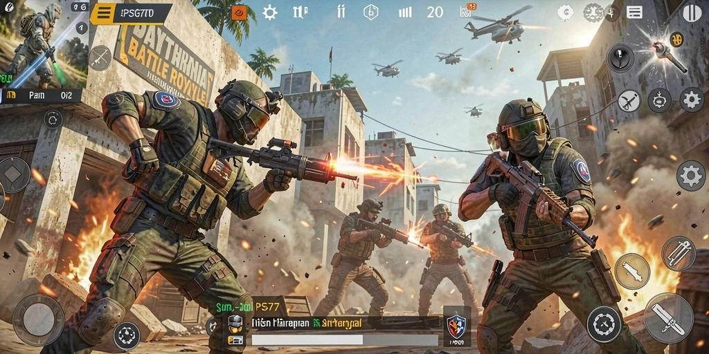 Tangkapan layar dari gameplay intens PSG77 dalam pertempuran Battle Royale.