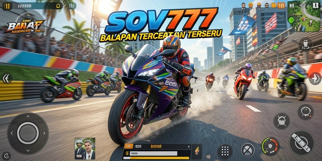 Gameplay SOV777 menampilkan balapan motor yang mendebarkan dan kompetitif.