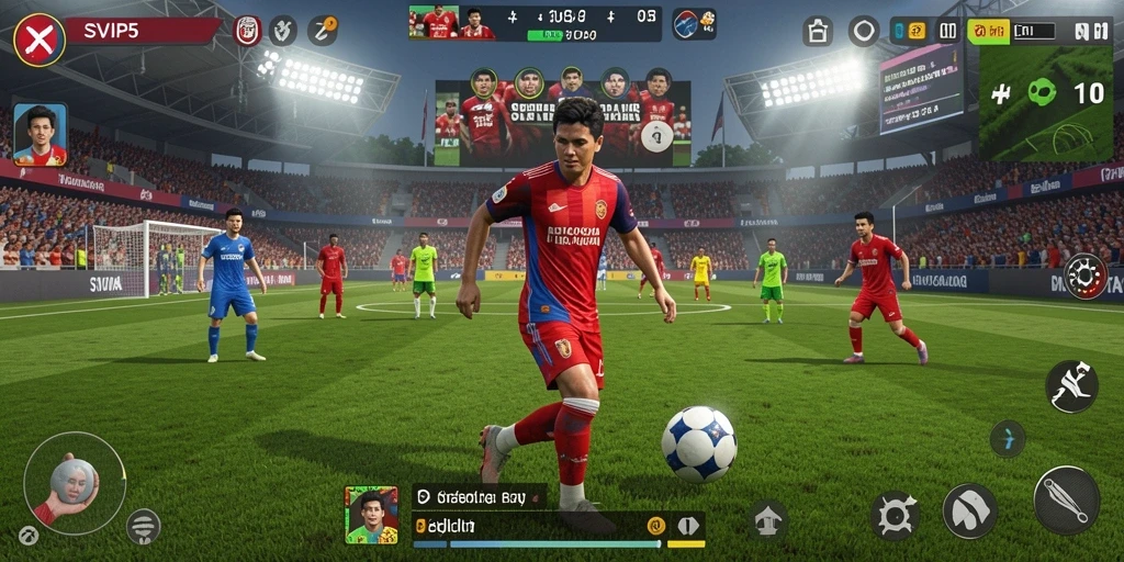 Screenshot gameplay <strong>SVIP5</strong> dengan aksi sepak bola yang intens.