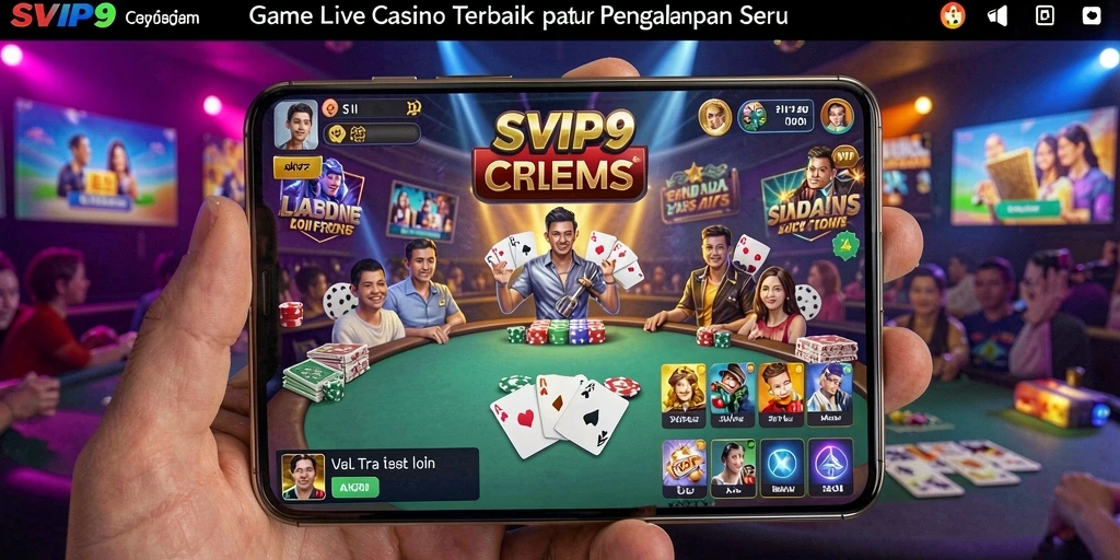Screenshot gameplay SVIP9 menampilkan dealer langsung dan suasana kasino yang nyata.